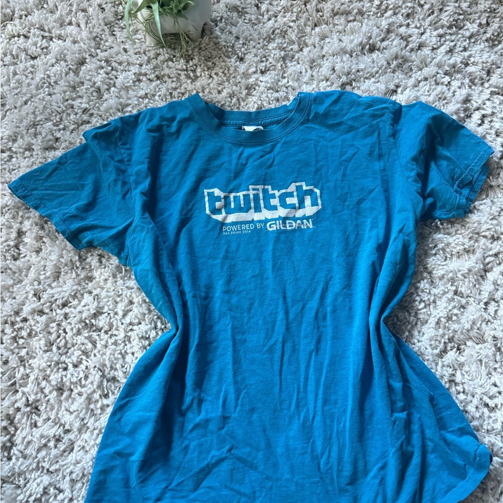 Twitch gaming, gamer, video games, men’s blue and white t-shirt